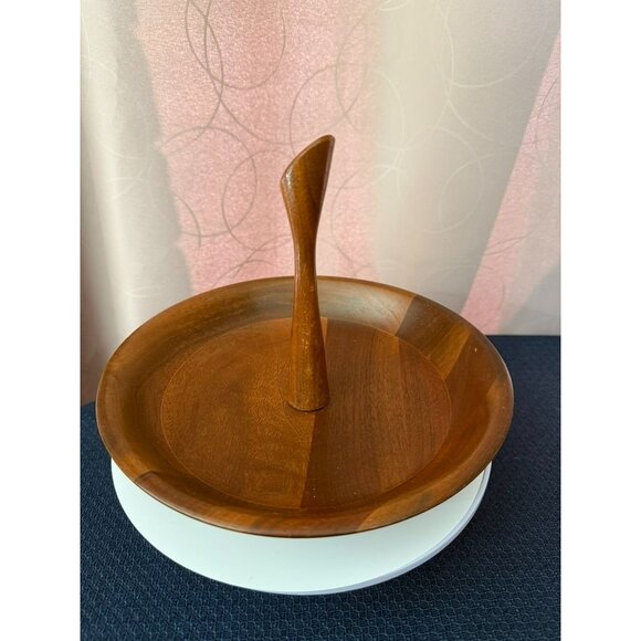 Vintage Mid Century Walnut Wood Middle Carry Handle Tray 8" - Picture 4 of 6